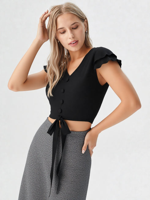 Black flutter sleeve button tie-front crop top on model, polyester chic women’s top