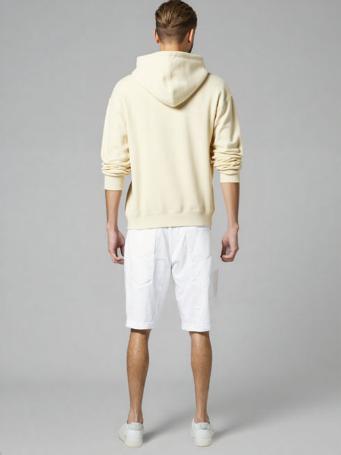 Cream cotton hoodie for men with drawstring hood and kangaroo pocket