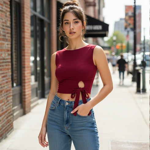 Side Tie Sleeveless Crop Top - Wine Red