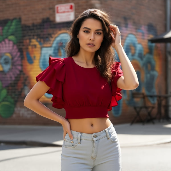 Ruffle Sleeve Crop Top - Wine Red