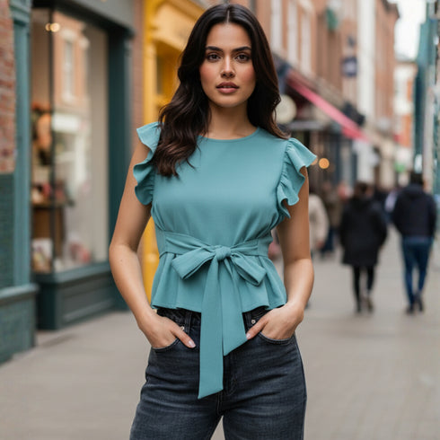 Ruffle Sleeve Belted Peplum Top - Sea Green