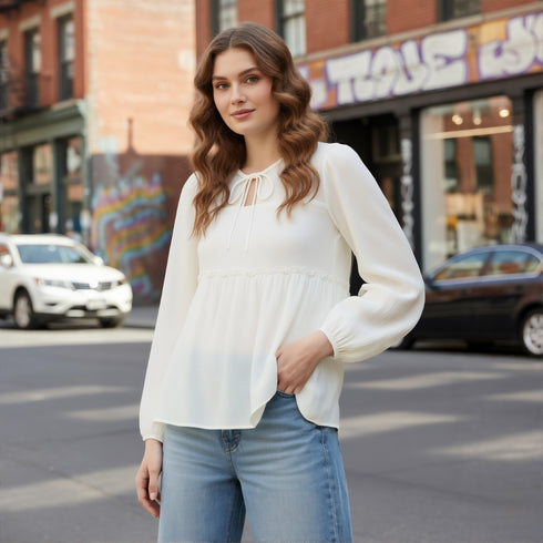 Ruffle Detail Tie Neck Blouse - White