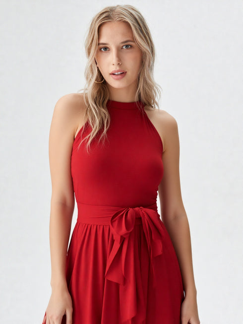 Red high-low midi dress with tie waist and halter neckline in polyester fabric, elegant women’s party wear