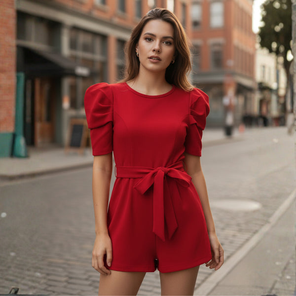 Red Puff Sleeve Belted Playsuit