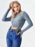 Blue ruched long sleeve crop top with drawstring detail and crew neck