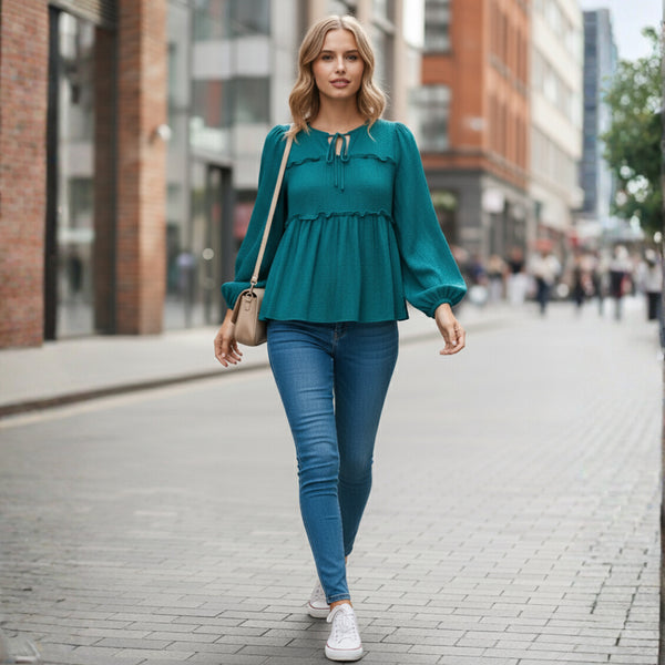 Teal Peplum Long Sleeve Top