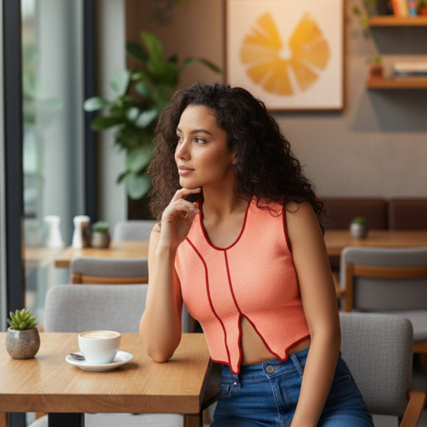Peach Sleeveless Crop Top with Contrast Piping