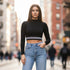 Mock Neck Long Sleeve Crop Top - Black