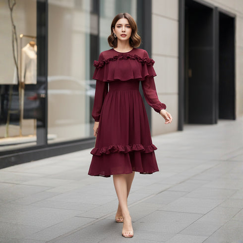 Maroon Ruffle Layered Midi Dress