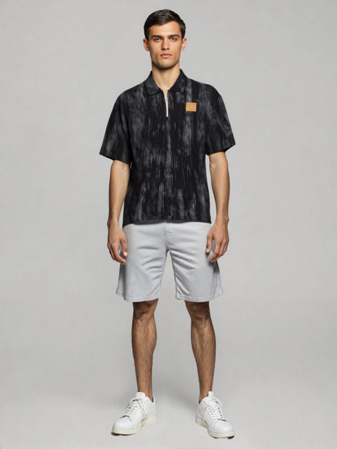 Black Textured Half-Zip Oversized Polo T-Shirt for men