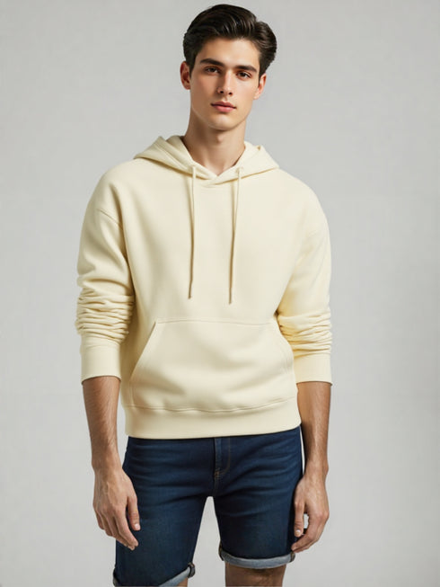 Cream cotton hoodie for men with drawstring hood and kangaroo pocket