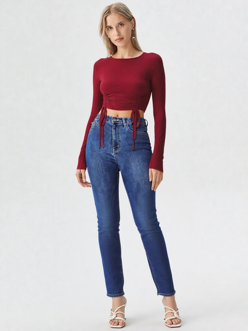 Maroon Ruched Drawstring Crop Top