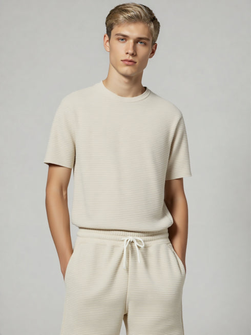 Cream cotton textured co-ord set for men with ribbed t-shirt and shorts