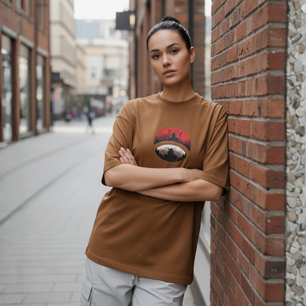 Model wearing brown oversized cotton t-shirt with anime-inspired front graphic print