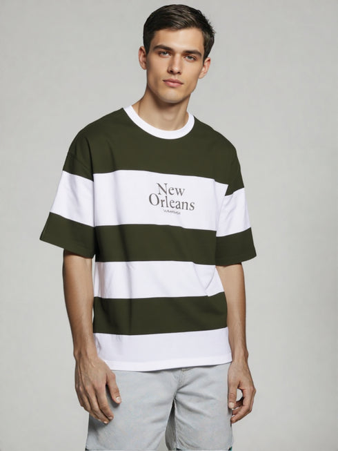 Green and White Striped T-Shirt with New Orleans chest print