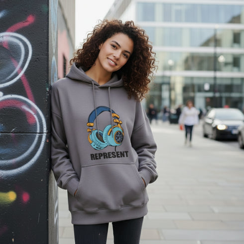 Grey cotton oversized hoodie with a colorful headphones graphic and the word Represent on the front