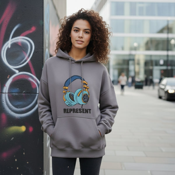 Grey cotton oversized hoodie with a colorful headphones graphic and the word Represent on the front