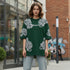 Dark green cotton oversized t-shirt with white ornate all-over pattern worn by a woman