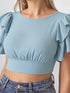 Blue ruffle sleeve crop top with layered sleeves and round neck