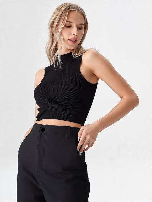 Black ribbed sleeveless crop top with mock neck and front twist design
