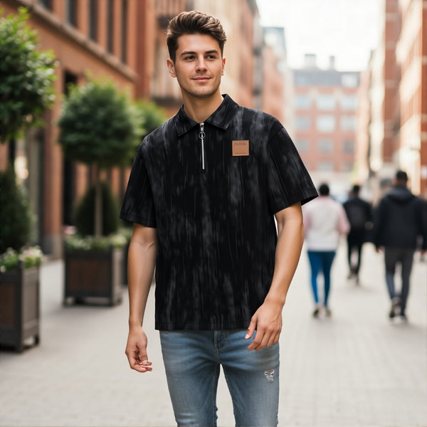 Black Textured Half-Zip Oversized Polo T-Shirt