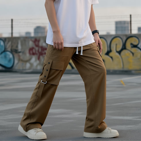 Khaki Cotton Blend Baggy Fit Cargo Pants for Men