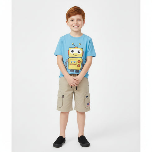 Beige cotton cargo shorts for kids with elastic waistband and side pockets