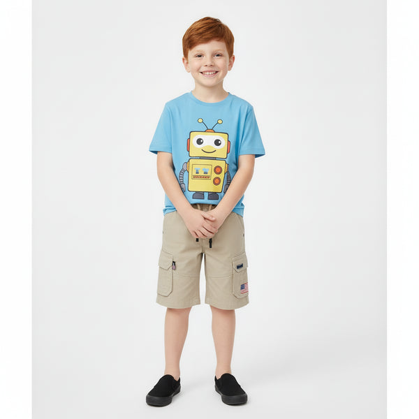 Beige cotton cargo shorts for kids with elastic waistband and side pockets