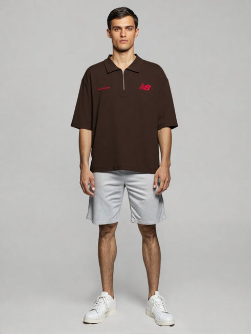 Brown Half-Zip Oversized Polo T-Shirt with red chest detailing