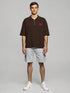 Brown Half-Zip Oversized Polo T-Shirt with red chest detailing