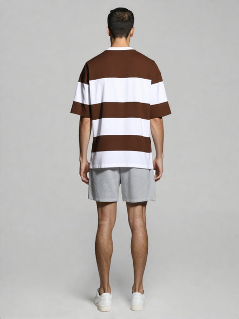 Brown and White New Orleans Striped Oversized T-Shirt with chest print