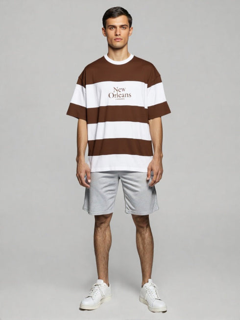 Brown and White New Orleans Striped Oversized T-Shirt with chest print