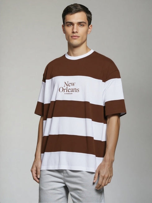 Brown and White New Orleans Striped Oversized T-Shirt with chest print