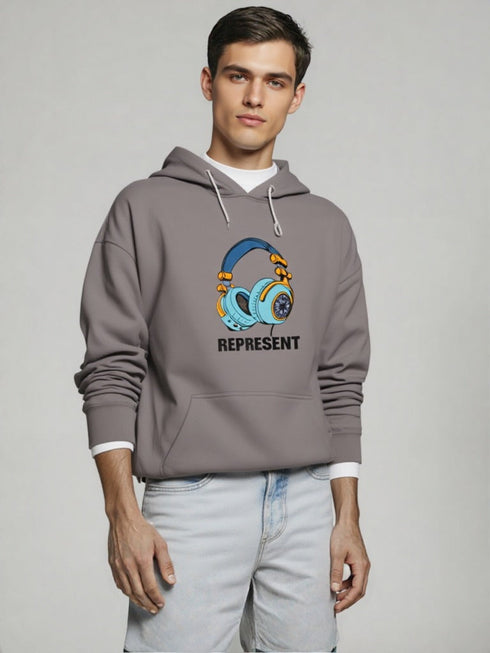 Grey Hoodie with bold headphone graphic and "REPRESENT" chest print