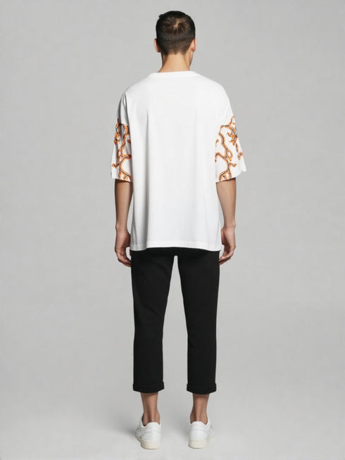 White Oversized Urban Graphic T-Shirt with orange abstract line design