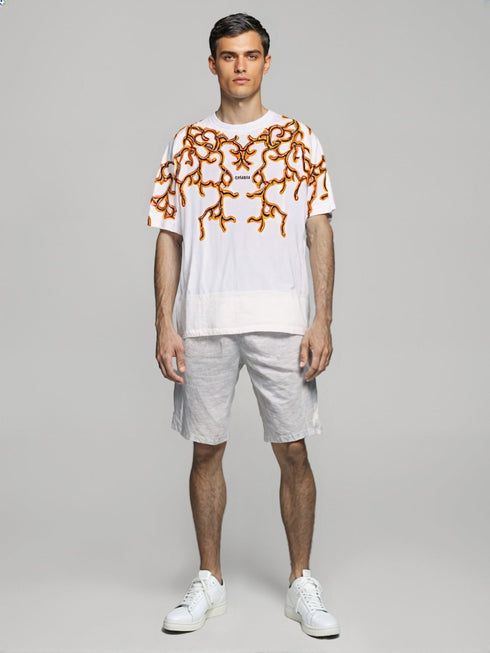 White Oversized Urban Graphic T-Shirt with orange abstract line design