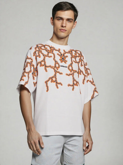 White Oversized Urban Graphic T-Shirt with orange abstract line design