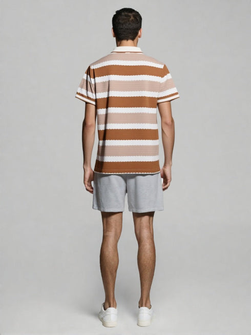 Brown and White Striped Polo T-Shirt with scalloped design