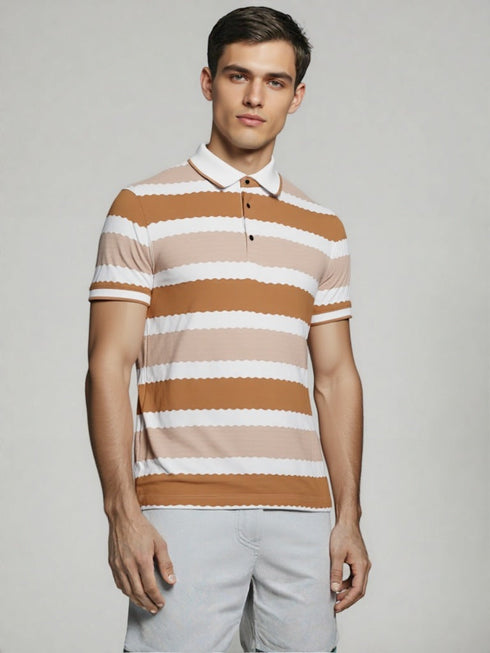 Brown and White Striped Polo T-Shirt with scalloped design