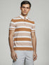 Brown and White Striped Polo T-Shirt with scalloped design
