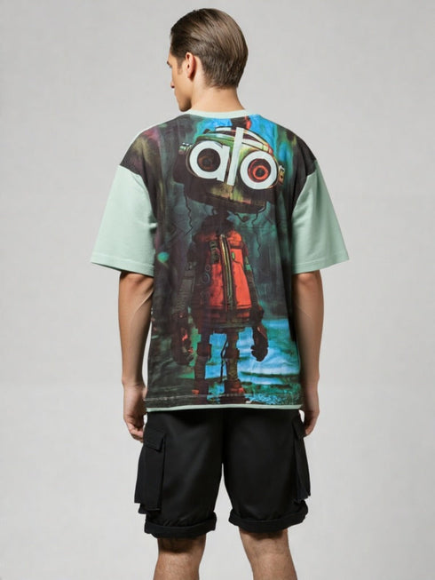 Mint Green Oversized T-Shirt with "alo" front print and futuristic robot back graphic