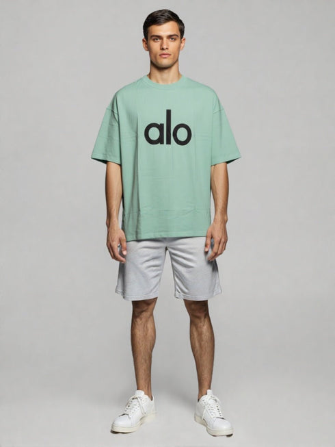 Mint Green Oversized T-Shirt with "alo" front print and futuristic robot back graphic