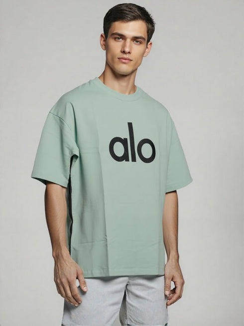 Mint Green Oversized T-Shirt with "alo" front print and futuristic robot back graphic