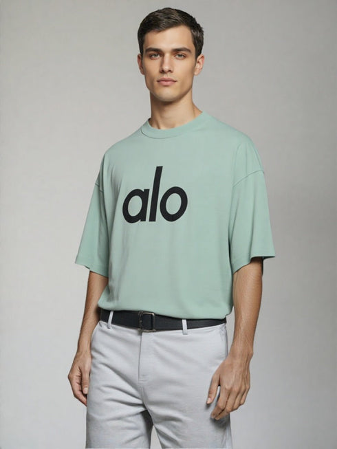 Mint Green Oversized T-Shirt with "alo" front print and futuristic robot back graphic
