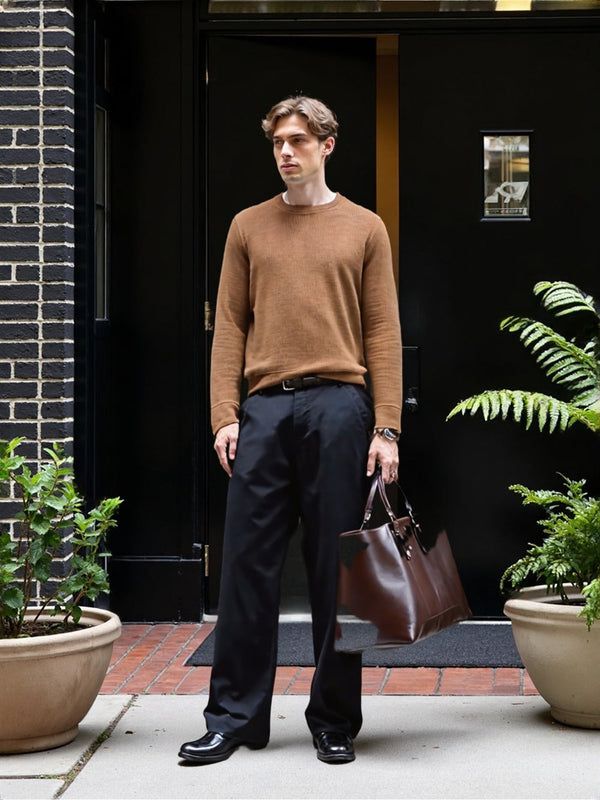 Men’s Brown Classic Crewneck Sweater paired with black trousers