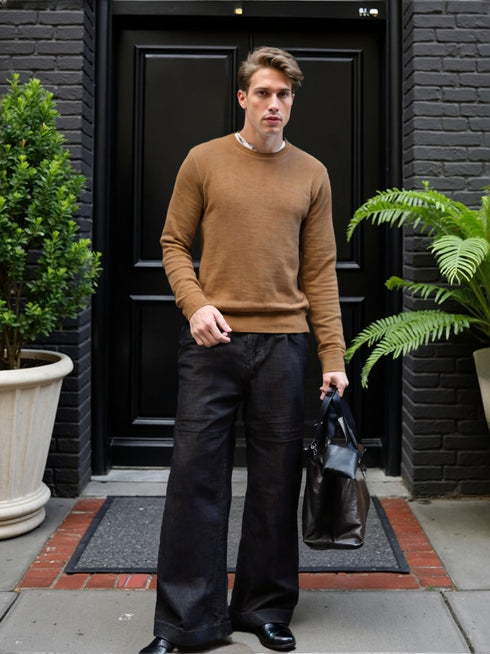 Men’s Brown Classic Crewneck Sweater paired with black trousers