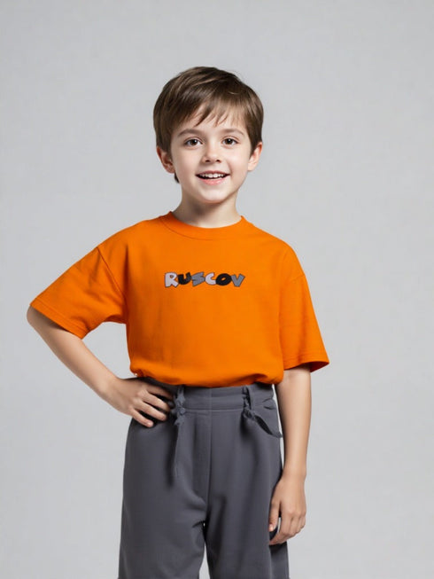 Kids Orange Ruscov Graphic T-Shirt with chest text print