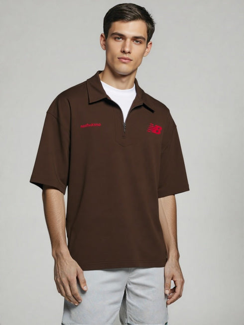 Brown Half-Zip Oversized Polo T-Shirt with red chest detailing