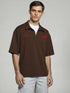 Brown Half-Zip Oversized Polo T-Shirt with red chest detailing