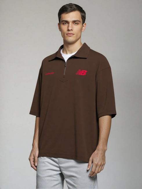 Brown Half-Zip Oversized Polo T-Shirt with red chest detailing